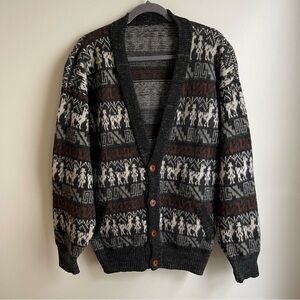 Tejidos Ruminahui Mens Wool Alpaca Cardigan Sweater Aztec Black Brown Medium